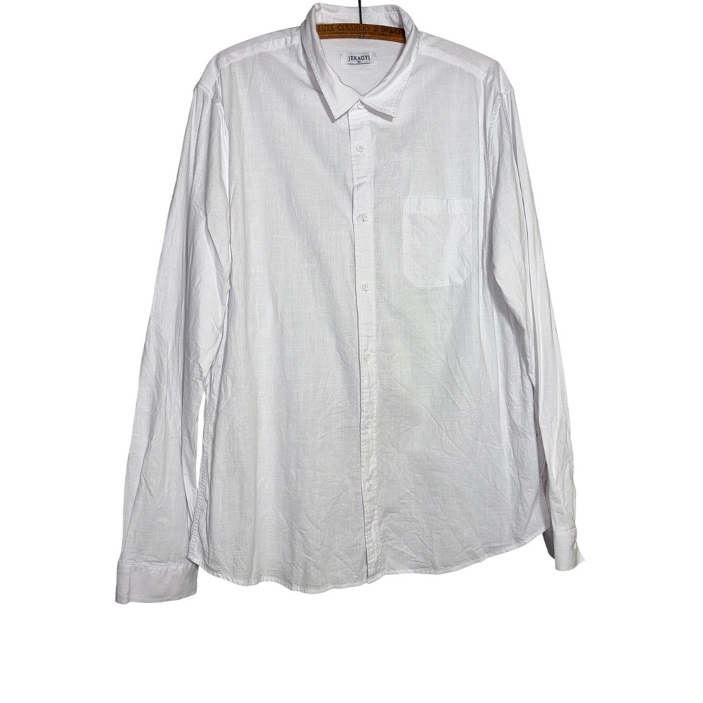 Jekaoyi Mens XL‎ White Linen Blend Long Sleeve Button Down Shirt Chest Pocket